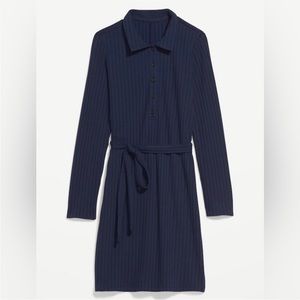 Old Navy- Navy Fitted Rib-Knit Tie-Belt Long-Sleeve Mini Polo Dress for Women